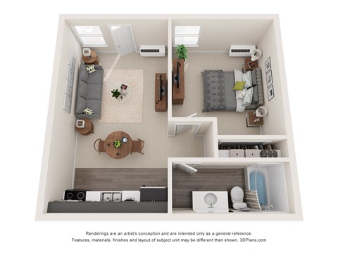 this is a 3d floor plan of 1 bedroom apartment